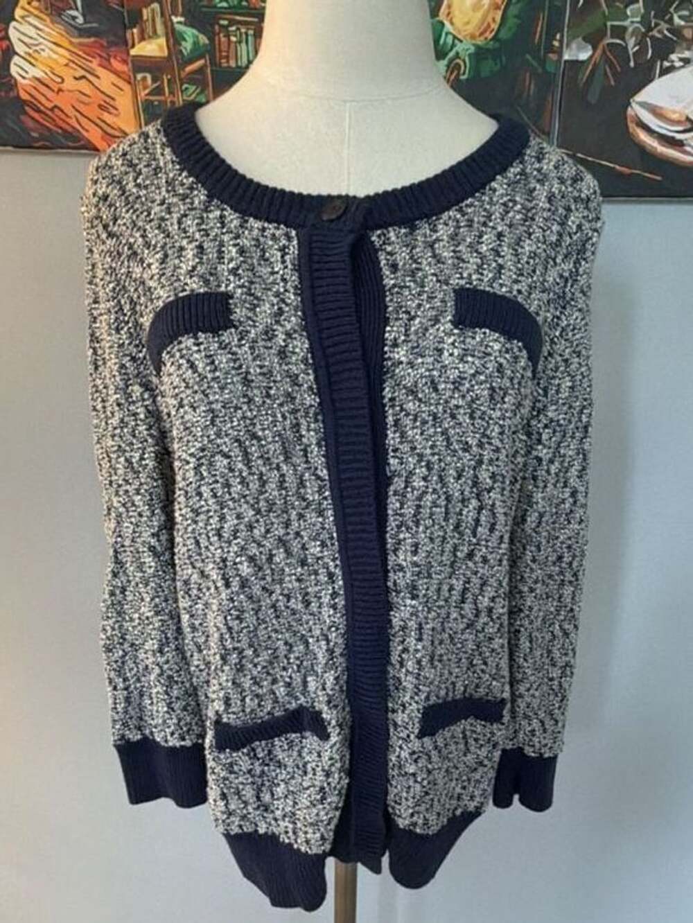Ann Taylor Cardigan Size L Blue Tweed Knit Button Front Sweater